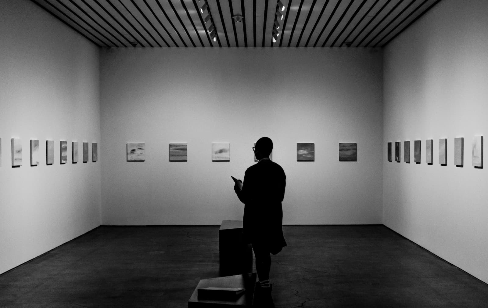Un visiteur observe une œuvre dans une galerie d’art.