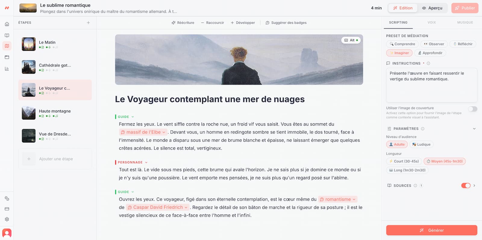 L’éditeur de parcours du Studio Gidmi, avec son texte enrichi et ses badges interactifs.